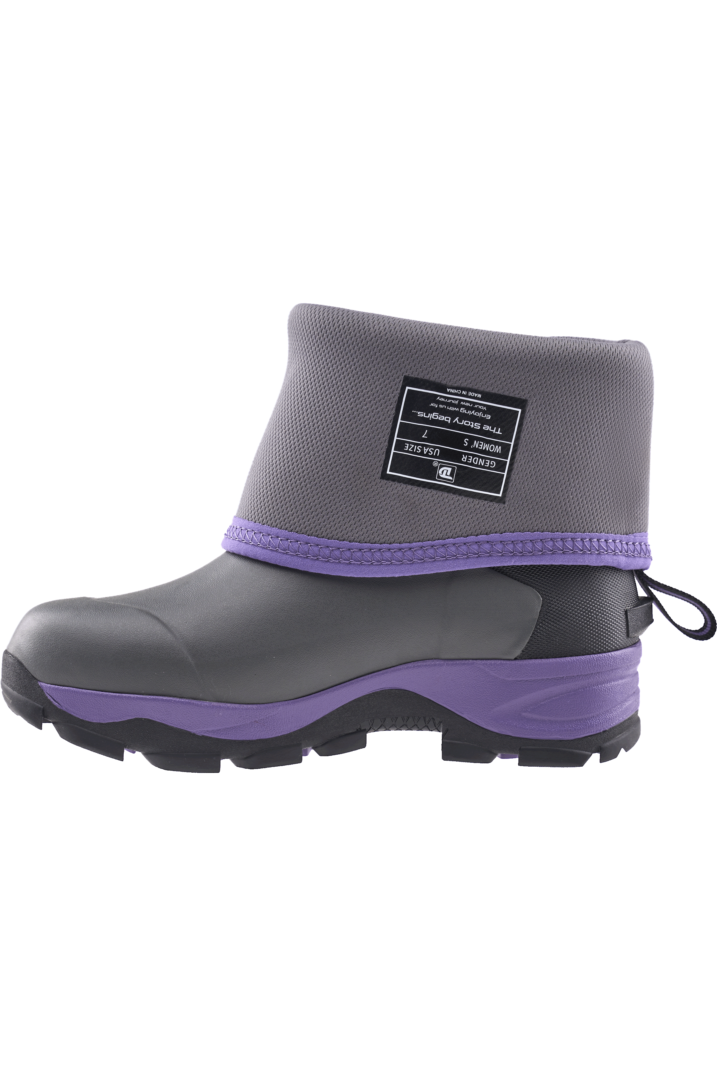 Folded shaft view of Trudave MudGuard Series women’s mid-calf waterproof garden boots – purple camo design with soft black lining showing flexibility and waterproof detail